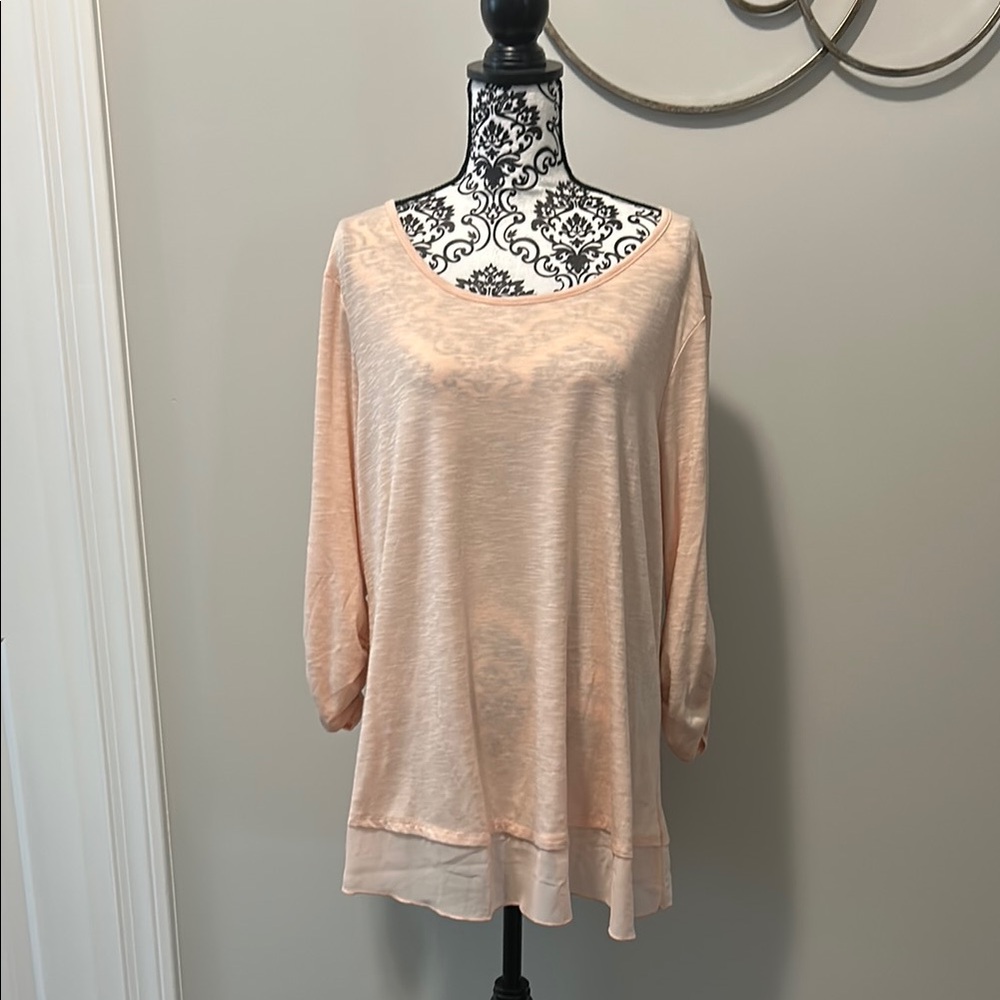 NWOT. Long Sleeve peach blouse with rounded neckline & sheer decorative hemline